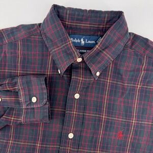 Ralph Lauren Button Down Mens M Navy Burgundy Plaid Classic Fit Cotton‎ Shirt